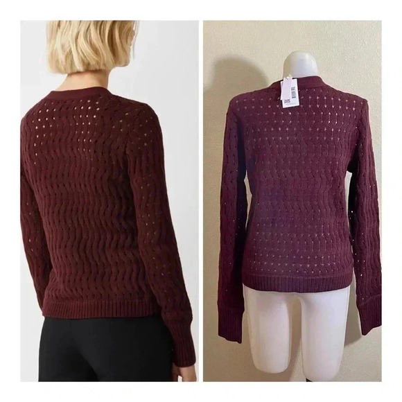 Ecru Style Size M Burgundy Fancy Stitch V Neck Cardigan Sweater Open Weave NEW - Picture 2 of 11